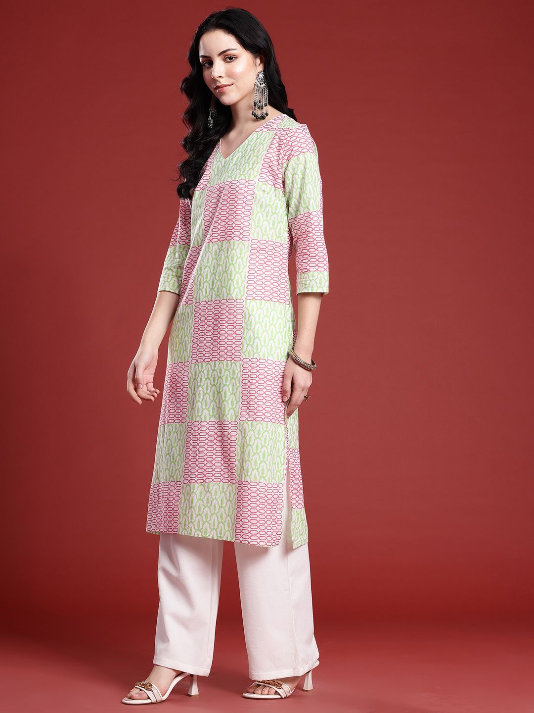 Anouk Geometric Print V-Neck Pure Cotton Straight Kurta