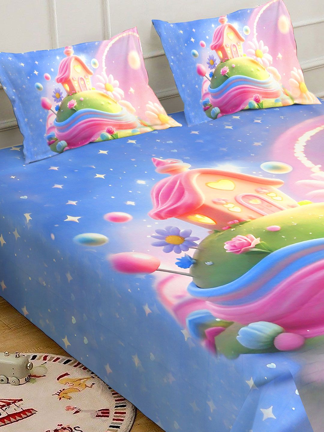 KLOTTHE Blue Cartoon Characters  Printed 400 TC King Superfine Bedsheets