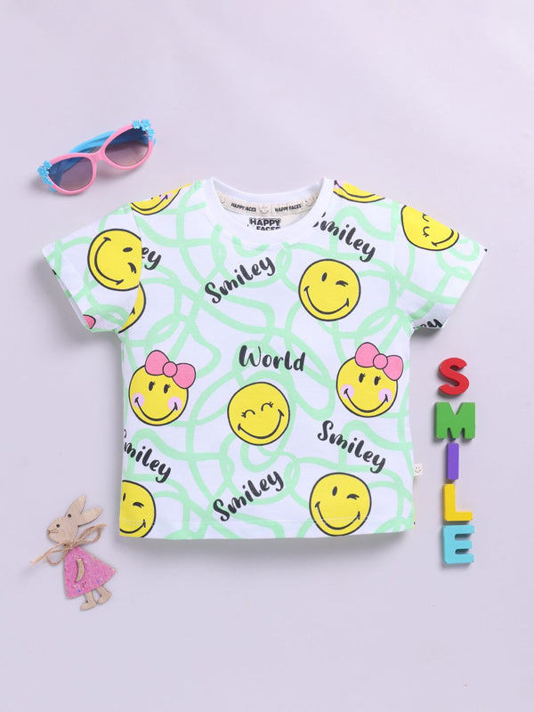 Happy Faces Kids Girls Smiley Printed Pure Cotton T-Shirt