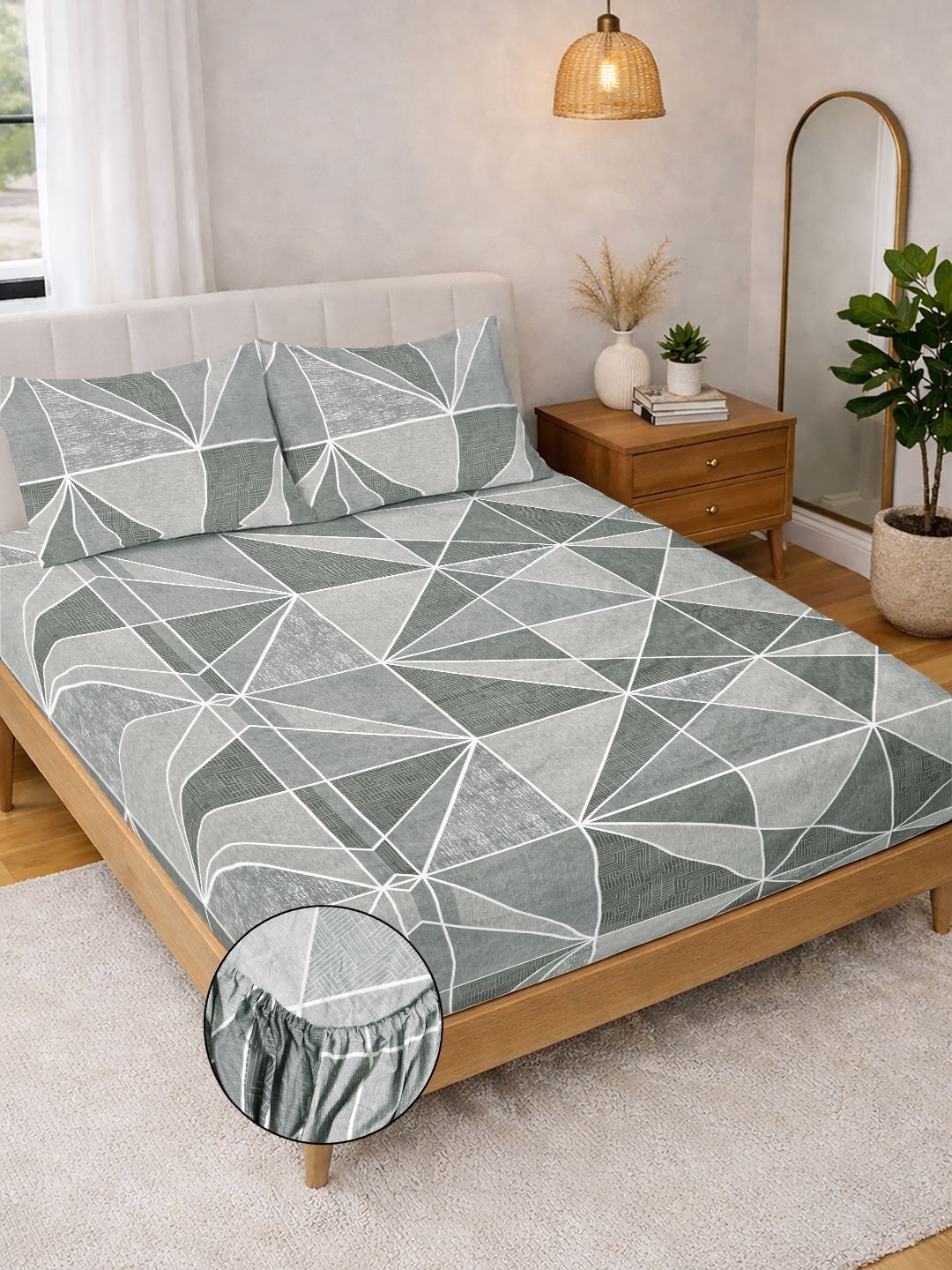 Myntra Elegant Homes Grey Geometric 300 TC King Bedsheet with 2 Pillow Covers