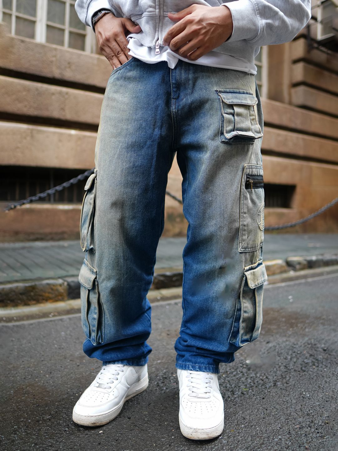 Powerlook Men Loose Baggy Fit Pure Cotton Denim Cargos