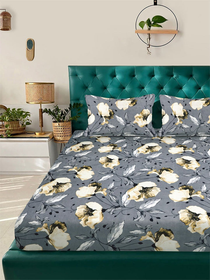 Myntra Elegant Homes Grey Floral Printed Fitted 400TC King Bedsheet & 2 Pillow Cover
