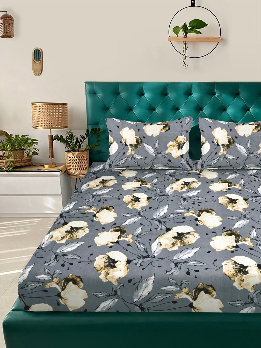 Myntra Elegant Homes Grey Floral Printed Fitted 400TC King Bedsheet & 2 Pillow Cover
