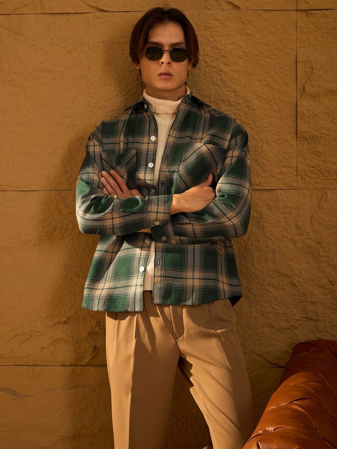 DENNISON Men Double Pocket Drop Shoulder Oversized Cotton Checked Shacket