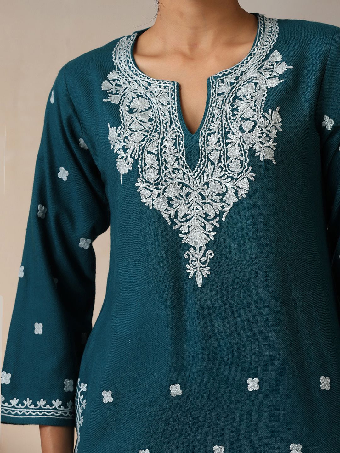 House of Chikankari Women Teal Woollen Aari Embroidered Kurti