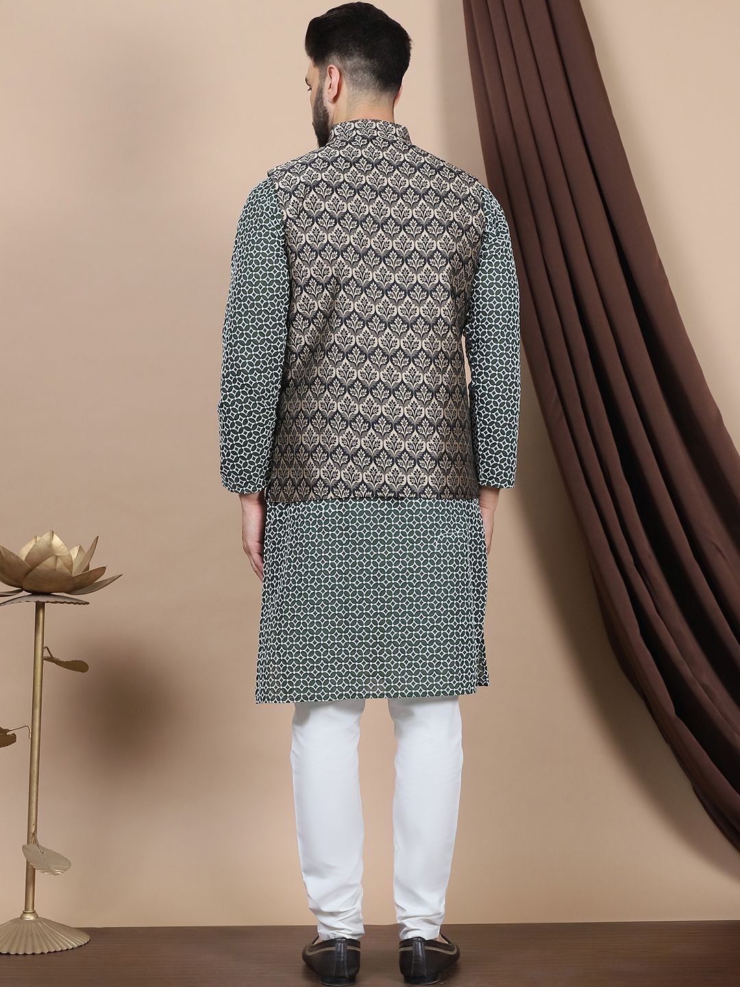 Anouk Embroidered Regular Pure Cotton Straight Kurta With Churidar & Nehru Jacket