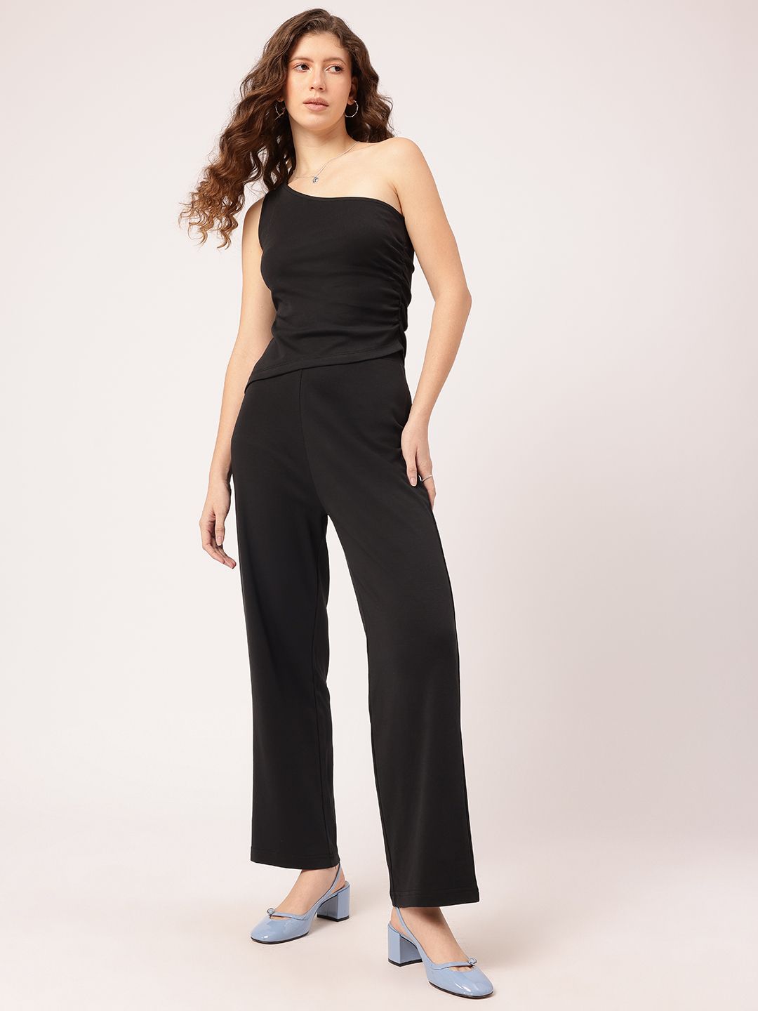 DressBerry Soft Streetwear Ruched One Shoulder Flared Leg Co-Ords