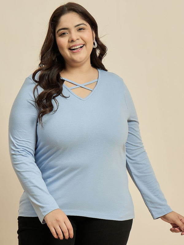 CURVY STREET Women Solid V-Neck Cotton Plus Size T-shirt